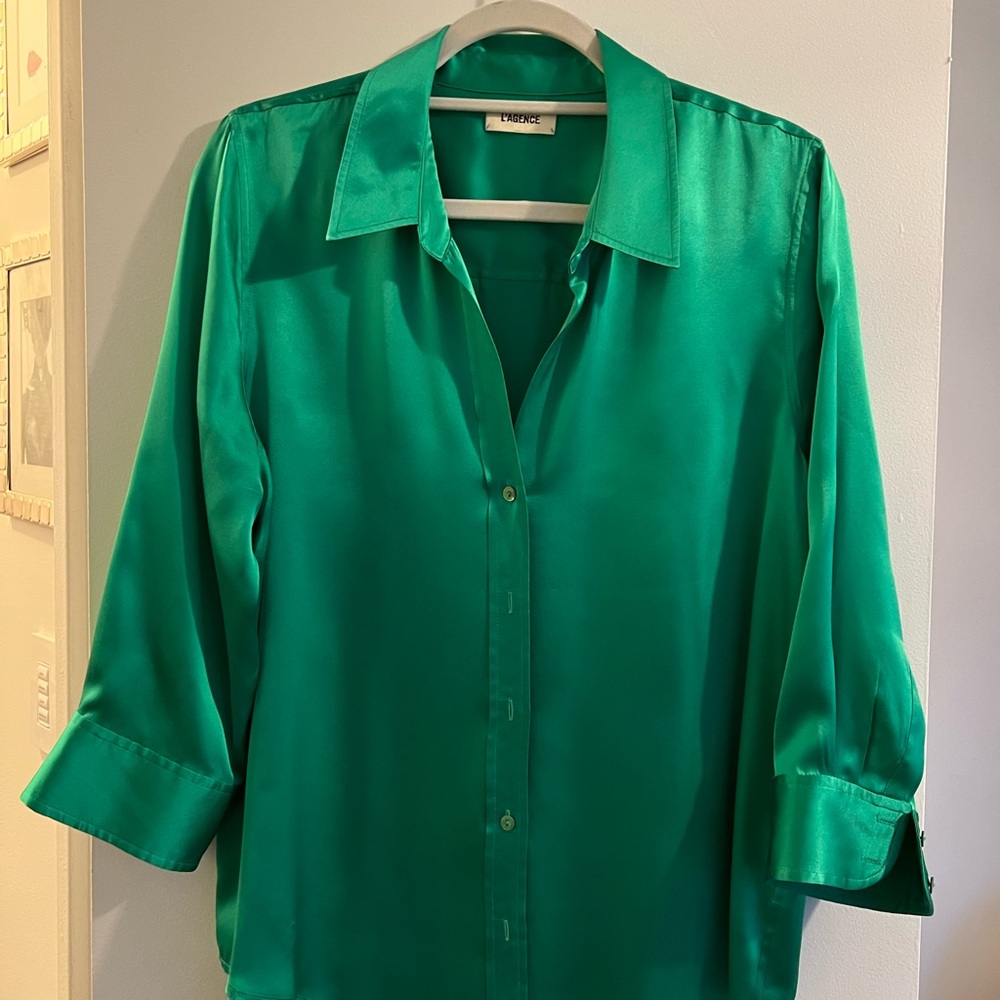 L’AGENCE Silk Button-Down Blouse in Emerald Green